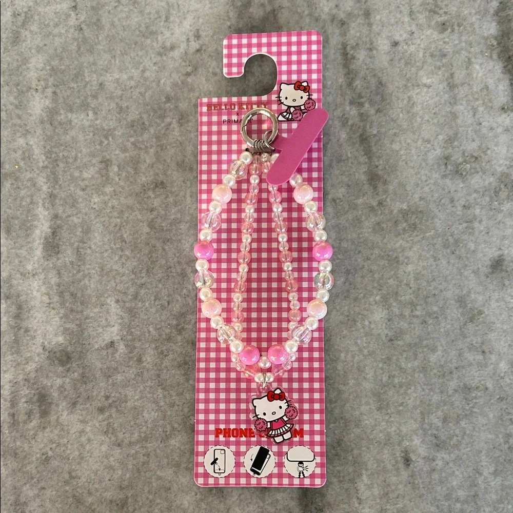 Hello Kitty Pink and Clear Beaded Phone Charm with Keyring